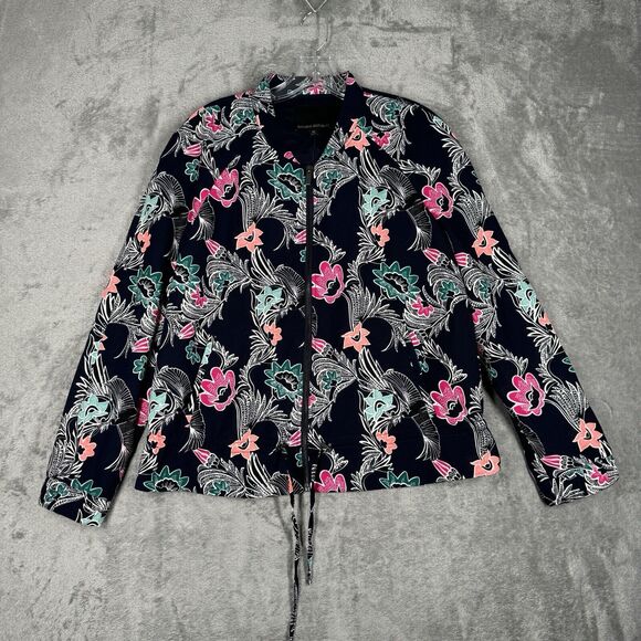 Banana Republic Jacket Womens Medium Black Pink Bird Print Drapery Bomber Casual - Picture 2 of 9